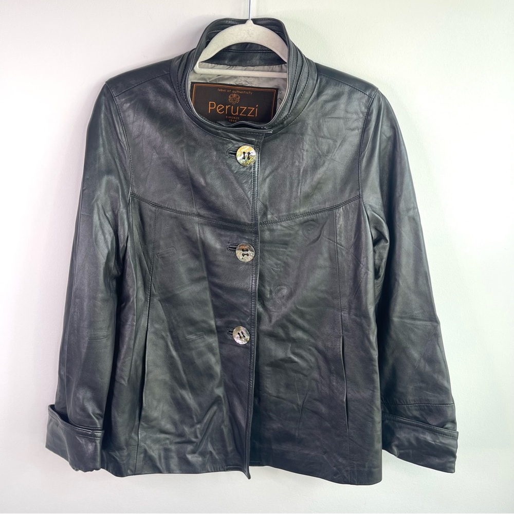 Peruzzi Black genuine Leather Jacket with High Collared Neckline  Size 42